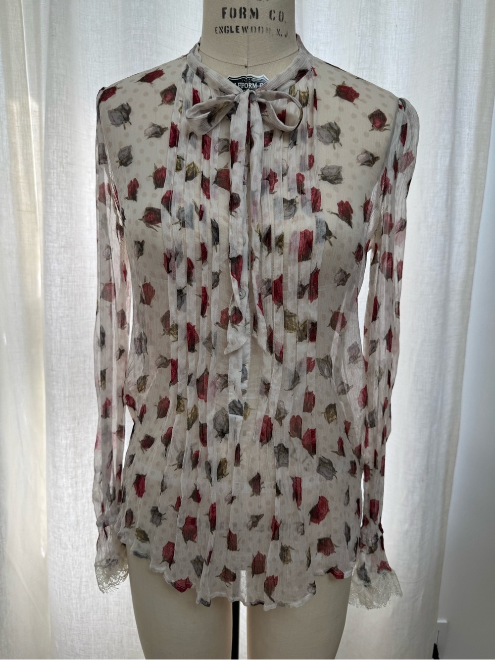 The Kooples Cream Sheer Floral Tie-Neck Blouse with Red and Gray Accents